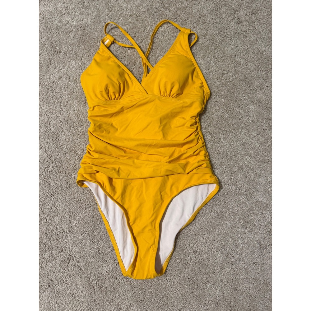Laphee Rose Yellow Ruched One Piece Swimsuit V-Neck Tummy Control Size S NEW
